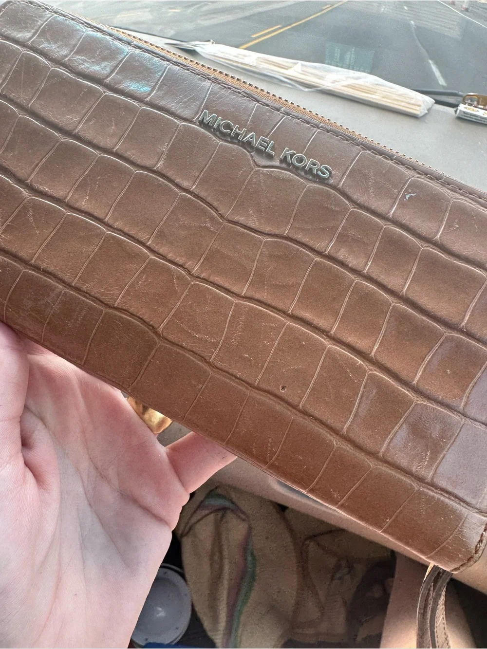 Michael Kors Croc-Embossed Tan Leather Zip-Around Wristlet Wallet